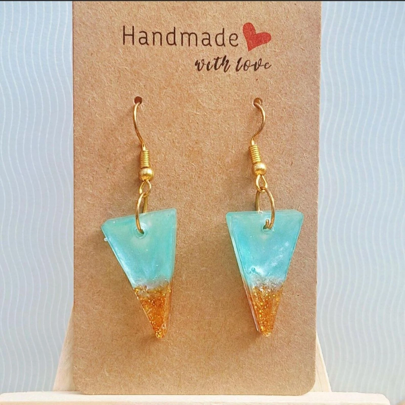 Gold blue triangle earrings – photo 2